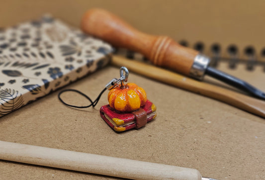 **Hand Sculpted Polymer Clay Pumpkin &amp; Book Charm - Autumn Literary Magic**